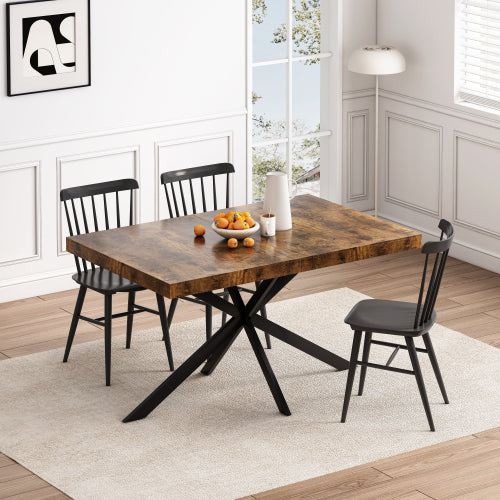 Retro Farmhouse Extendable Dining Table – Antique Wood Top with Black Iron Cross Base & Storage