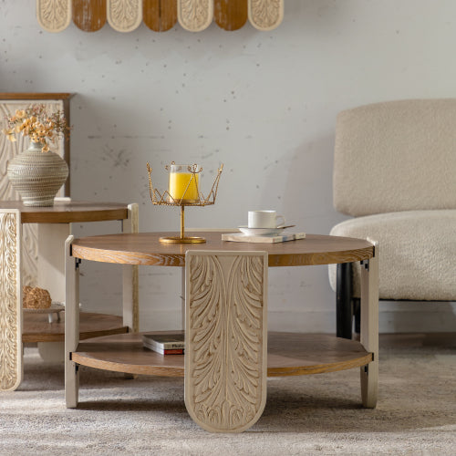 Carved Wooden Coffee & Side Table – Retro Double-Layer Storage, Palace-Style Design