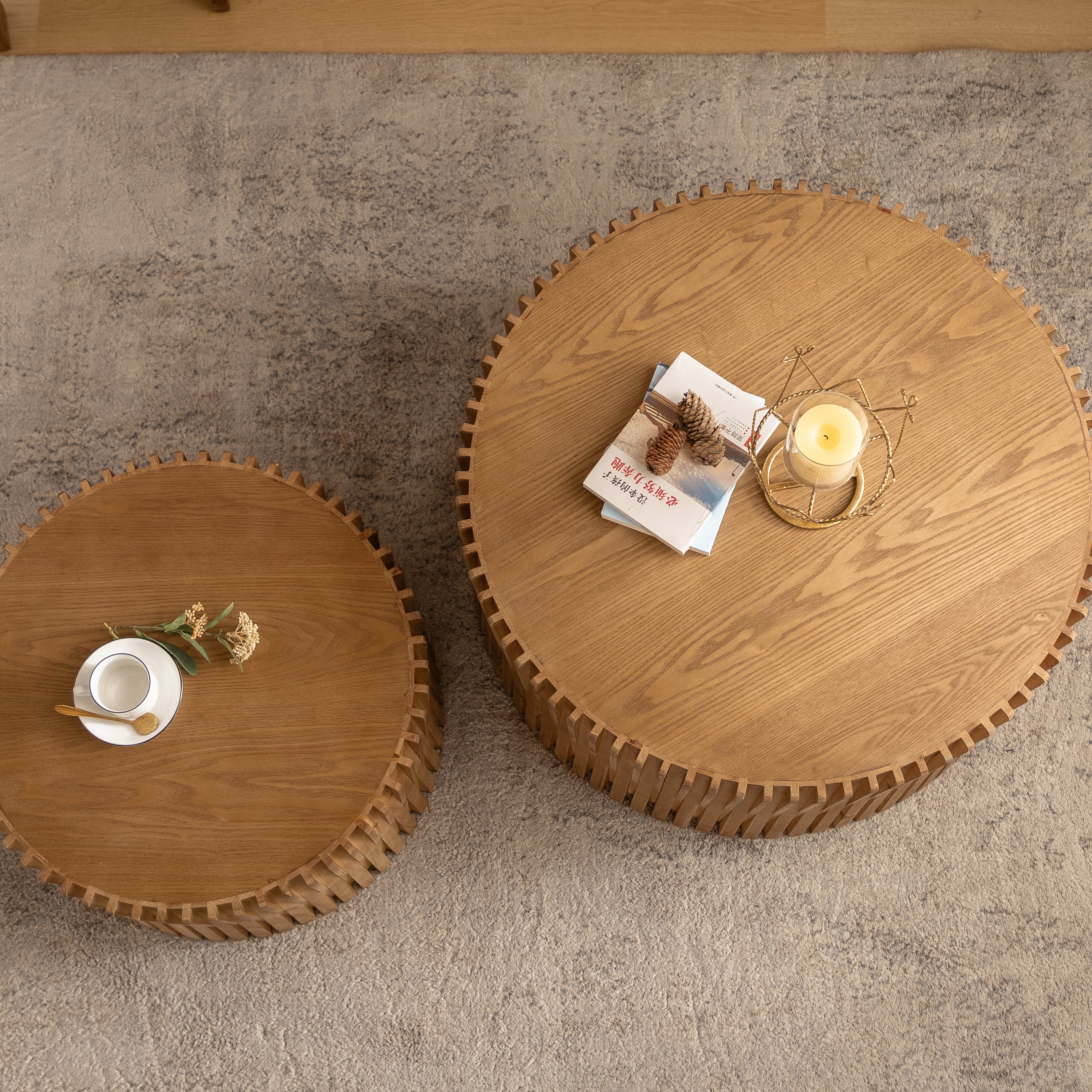Vintage Farmhouse Nesting Coffee Table Set (Set of 2) – Cylindrical Design with Textured Finish