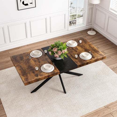 Retro Farmhouse Extendable Dining Table – Antique Wood Top with Black Iron Cross Base & Storage