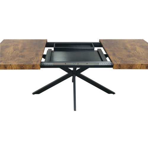 Retro Farmhouse Extendable Dining Table – Antique Wood Top with Black Iron Cross Base & Storage