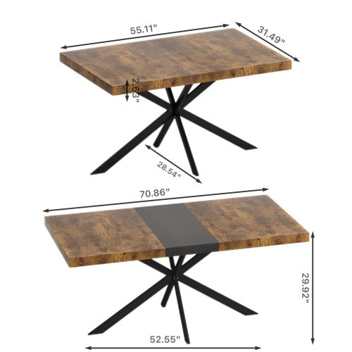 Retro Farmhouse Extendable Dining Table – Antique Wood Top with Black Iron Cross Base & Storage